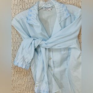 Rhapsody Vintage Light Blue Embroidered Button Down Blouse